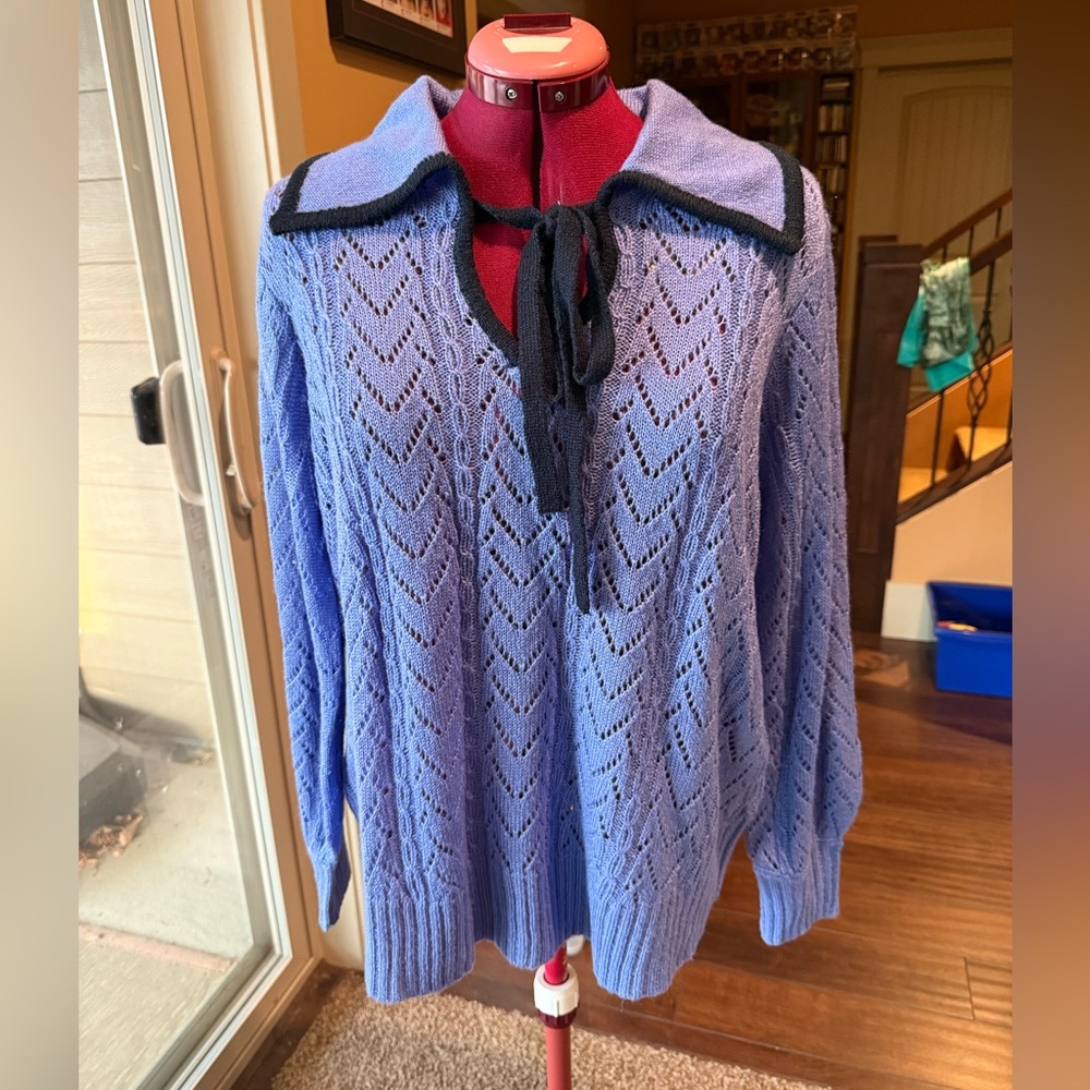 Periwinkle and Navy Blue Open Weave Collared Sweater